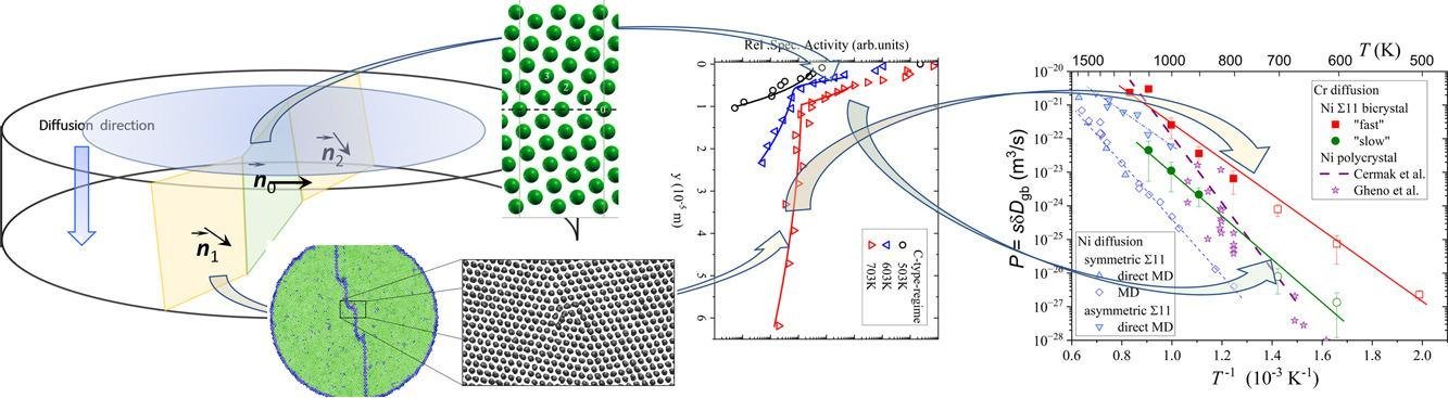 Grain-boundary diffusion and segregation of Cr in a faceted Ni bicrystal: boundary geometry, atomic structure, penetration profiles, and the fast and slow diffusion branches.