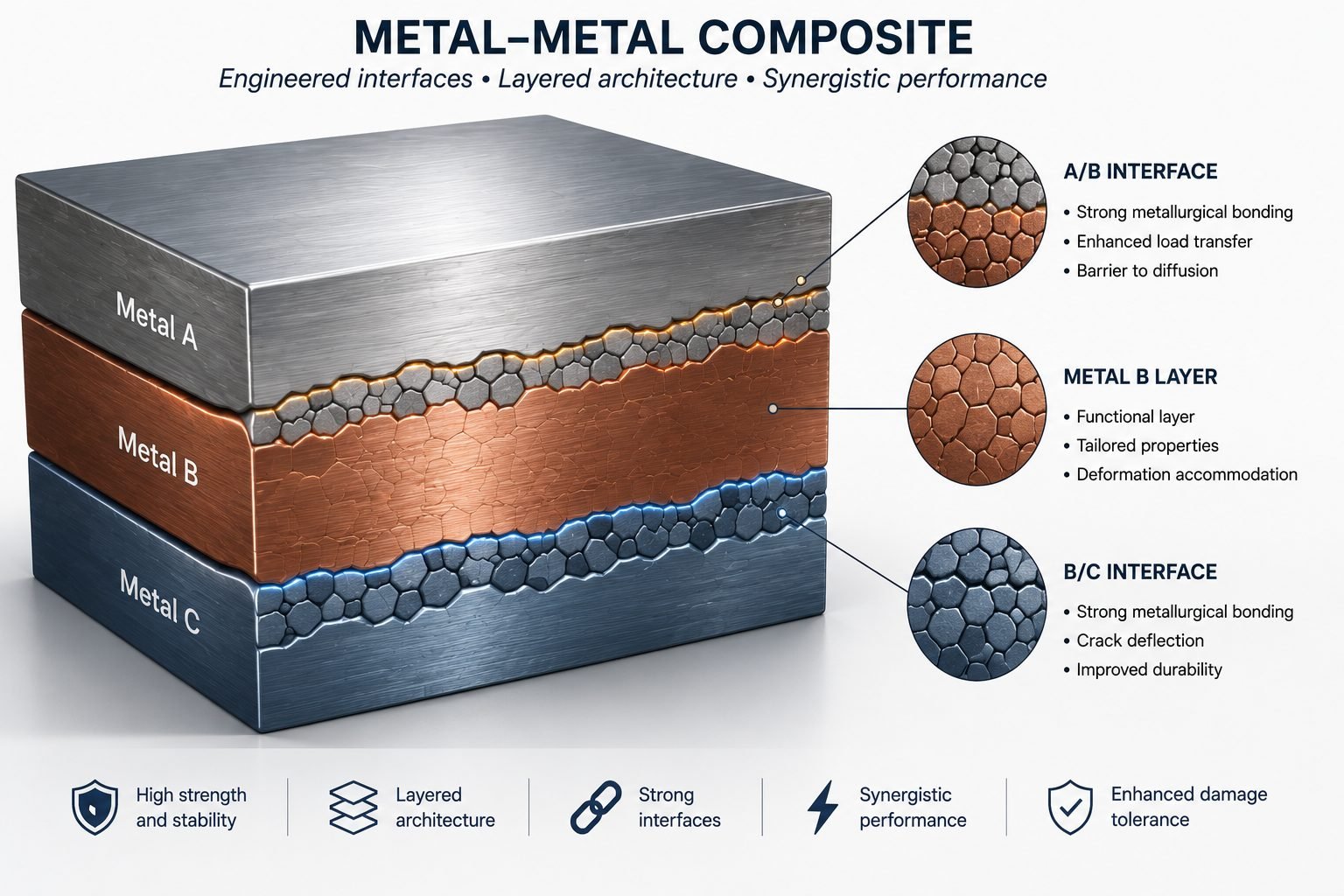Layered metal–metal composite showing PVD layers, severe plastic deformation and interface evolution.